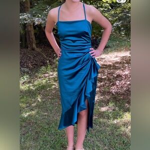 Emerald Sundae Teal Satin Ruffle Gown